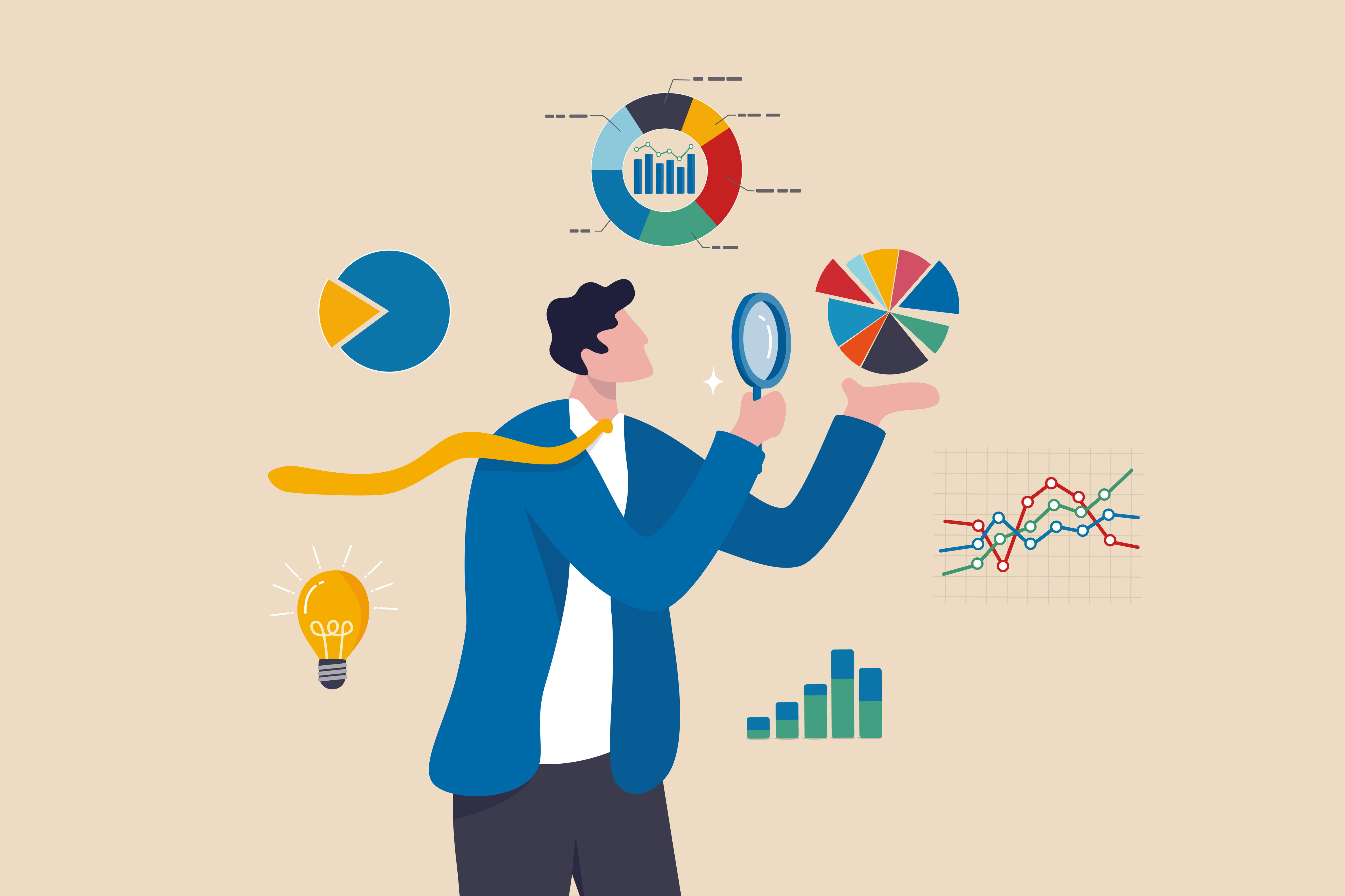 Data analysis chart and report, financial research or analyze information for marketing insight, analytics or optimization diagram, smart information, businessman analyze data with magnifying glass.